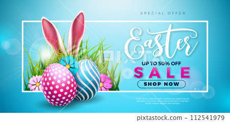 Easter Sale Illustration with Color Painted Egg, Spring Flower and Rabbit Ears on Blue Background. Vector Holiday Celebration Design Template for Coupon, Banner, Voucher or Promotional Poster. 112541979