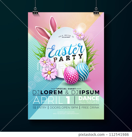Easter Party Flyer Illustration with Painted Eggs, Rabbit Ears and Flowers on Abstract Colorful Background. Vector Spring Religious Holiday Celebration Poster Design Template for Banner or Invitation. 112541986