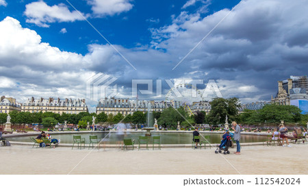 People relaxing in Tuileries Palace open air park near museum timelapse hyperlapse. Paris, France 112542024