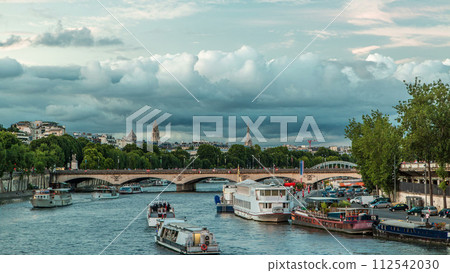 View on the bridge of Jena day to night timelapse, which connects the Champ de Mars gardens and the Trocadero. Paris, France 112542030