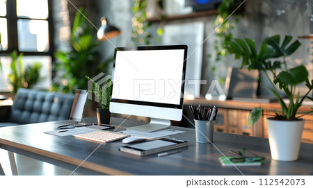 An inviting home office workspace featuring a modern computer setup surrounded by vibrant houseplants. An inviting home office workspace featuring a modern computer setup surrounded by vibrant houseplants. 112542073