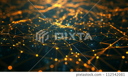 Digital visualization of a vast network of golden nodes interconnected to form a complex and intricate pattern on a dark background. 112542081