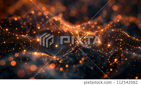Digital visualization of a vast network of golden nodes interconnected to form a complex and intricate pattern on a dark background. 112542082