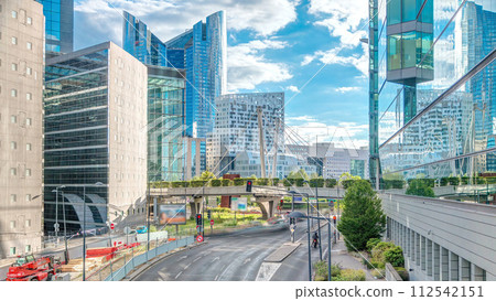 Skyscrapers of Defense timelapse modern business and financial district in Paris with highrise buildings 112542151