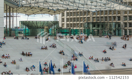 Big stairs timelapse in the Defence business district of Paris, France. 112542153
