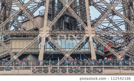 Close up view of first section of the Eiffel Tower timelapse in Paris, France. 112542186