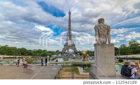 Fountains on famous square Trocadero with Eiffel tower in the background timelapse hyperlapse. Fountains on famous square Trocadero with Eiffel tower in the background timelapse hyperlapse. 112542189
