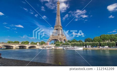 The Eiffel tower timelapse hyperlapse from waterfront at the river Seine in Paris 112542209