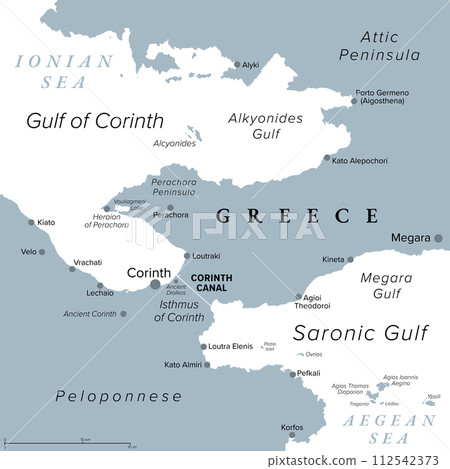 Corinth Canal, artificial waterway in Greece, gray political map. Connecting the Gulf of Corinth with the Saronic Gulf, the Ionian Sea with the Aegean Sea, separating Peloponnese the Attic Peninsula. 112542373