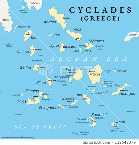Cyclades, group of Greek islands in the Aegean Sea, political map. Southeast of mainland Greece. Cyclades means encircling and it refers to the circle, the islands form around the sacred island Delos. 112542379
