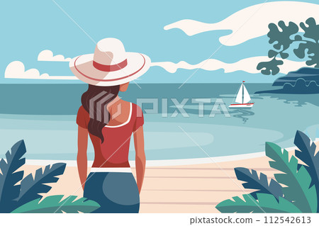 Seascape. Time relax. Young woman in a hat on the beach against the backdrop of a seascape. Illustration. Vector 112542613