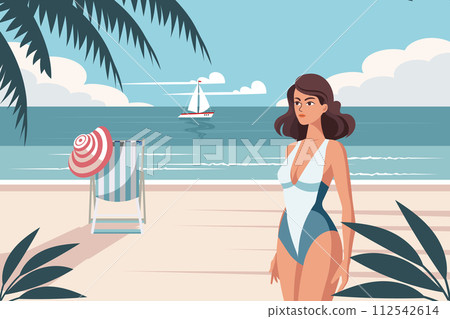 Seascape. Time relax. Young woman in a hat on the beach against the backdrop of a seascape. Illustration. Vector 112542614