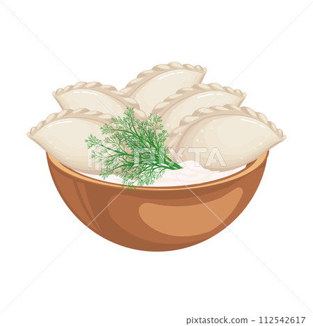Vareniki. Pelmeni. Meat dumplings. Food, national cuisine of Ukraine and Russia. Dough and meat products. Vector Vareniki. Pelmeni. Meat dumplings. Food, national cuisine of Ukraine and Russia. Dough and meat products. Vector 112542617