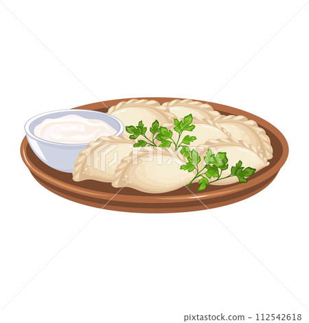 Vareniki. Pelmeni. Meat dumplings. Food, national cuisine of Ukraine and Russia. Dough and meat products. Vector Vareniki. Pelmeni. Meat dumplings. Food, national cuisine of Ukraine and Russia. Dough and meat products. Vector 112542618