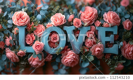 Composition of multi-colored flowers on pink background, creating carefree and whimsical image word LOVE Composition of multi-colored flowers on pink background, creating carefree and whimsical image word LOVE 112543210