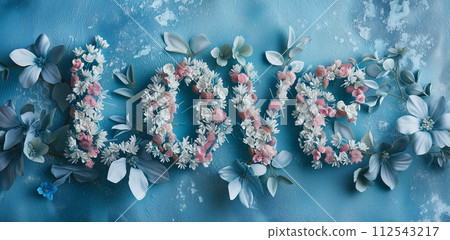Composition of white flowers and butterflies on blue background, which creates carefree image word LOVE 112543217