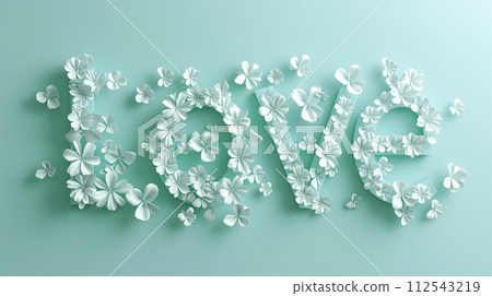 Composition of white flowers and butterflies on blue background, which creates carefree image word LOVE 112543219