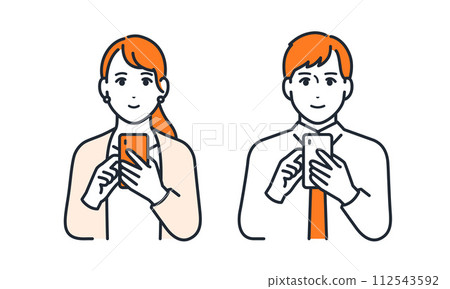 Simple vector illustration set material of young male and female office workers operating smartphones with smiles Simple vector illustration set material of young male and female office workers operating smartphones with smiles 112543592