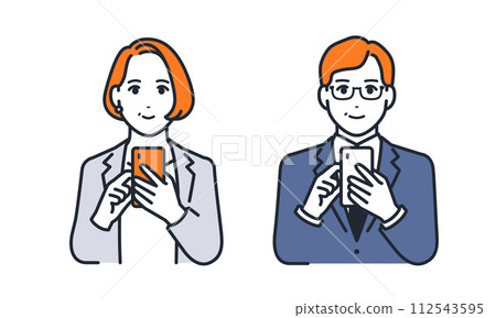 Simple vector illustration set of middle-aged men and women operating smartphones with smiles 112543595