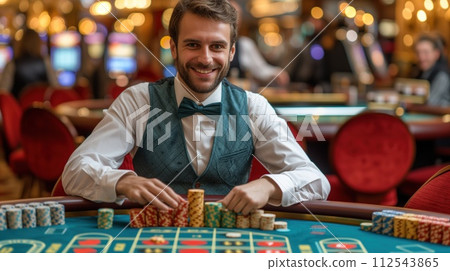 Croupier dealing deck of poker cards in casino 112543865