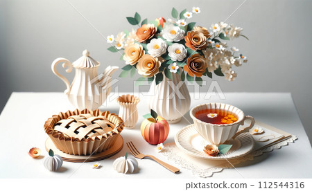 Apple pie and tea on the tea time table 112544316
