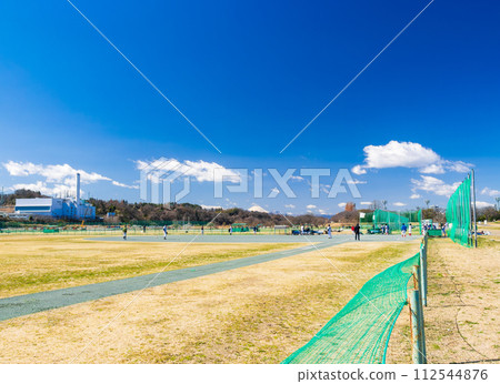 Baseball field on the Tama River bed with a view of Mt. Fuji 112544876
