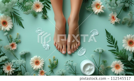 female feet, cream care, spa procedures close-up 112545517