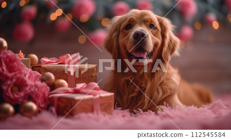 red labrador portrait with gifts for valentine's day 112545584