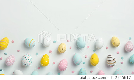 Easter greeting card with copy space. Painted eggs in pastel colors, top view. Generative AI 112545617
