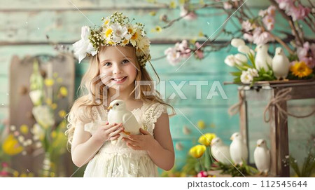 Joyful young girl with floral head wreath holding a chick. easter themed portrait. vintage style child photography with pastel backdrop. spring celebration image. AI Joyful young girl with floral head wreath holding a chick. easter themed portrait. vintage style child photography with pastel backdrop. spring celebration image. AI 112545644
