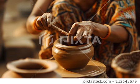 Artisan hands crafting pottery on wheel, traditional ceramic making process captured in warm light. creative workshop ambiance. AI 112545679