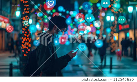 Man interacting with smartphone in vibrant city night. colorful social media icons floating. urban lifestyle and connectivity concept. digital communication in a metropolitan setting. AI 112545680