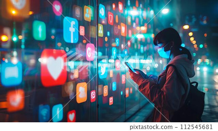 Woman in a mask exploring social media icons on a digital wall. urban tech landscape with vibrant lights. reflective, futuristic city life scene. AI 112545681