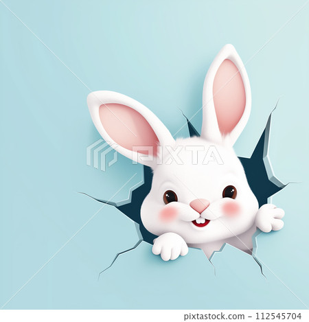 Smiling cartoon white rabbit peeking out from a hole of the blue wall. Easter concept. Copy space. Generative AI 112545704