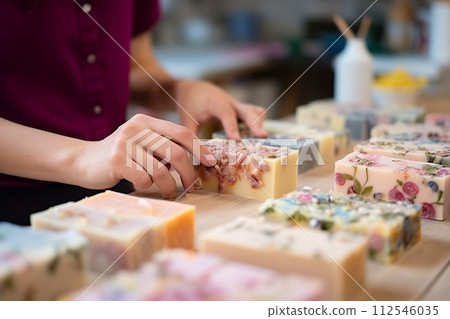 Close up view of female hands making homemade natural organic soap with herbs. Generative AI 112546035