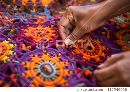 Close up view of female hands knitting carpet made of yarn in traditional oriental style, Generative AI 112546036