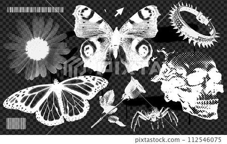 Trendy grunge elements collection with a retro negative photocopy effect. y2k overlay stickers for cool design. Skull, flowers, butterflies, spider, spikes vector realistic illustration 112546075