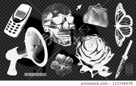 Trendy grunge texture elements set with a retro halftone grain effect. Dotted negative photocopy texture. Y2k vintage elements for design - cellphone, rose, purse, megaphone, flower, knife, skull 112546076