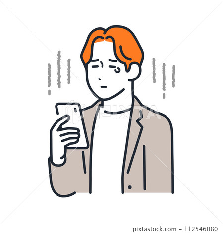 A simple vector illustration of a sad young man looking at his smartphone 112546080
