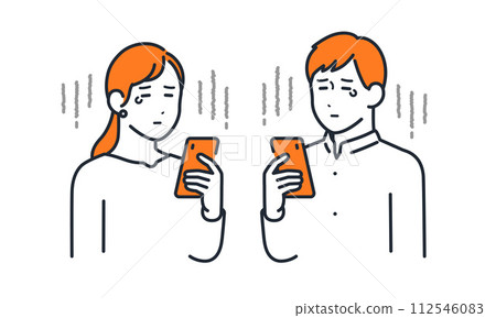 Simple vector illustration set of young men and women looking at smartphones and feeling sad Simple vector illustration set of young men and women looking at smartphones and feeling sad 112546083