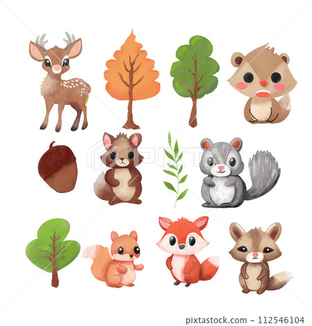 set of woodland animals hand drawing watercolor. 112546104