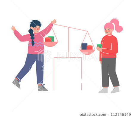 Two Cute Girls Playing with Scales, Girls Weighing Geometric Shapes Vector Illustration Two Cute Girls Playing with Scales, Girls Weighing Geometric Shapes Vector Illustration 112546149