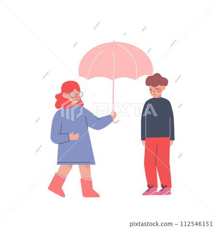 Cute Girl Holding Umbrella Over Boy in Rainy Weather, Polite and Kind Kids, Good Manners Concept Vector Illustration Cute Girl Holding Umbrella Over Boy in Rainy Weather, Polite and Kind Kids, Good Manners Concept Vector Illustration 112546151