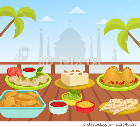 Indian Cuisine, National Tasty Food Dishes on Wooden Table on Background of Taj Mahal Building Vector Illustration 112546158