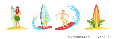 Man and Woman Surfer Character with Surfboard Vector Set 112546232