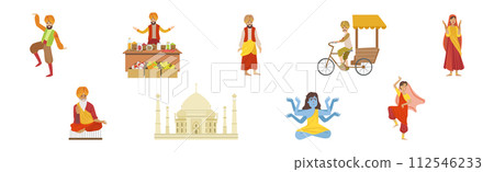 Travel to India with Man and Woman Character in Authentic Wear Vector Set 112546233