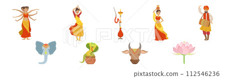 Travel to India with Man and Woman Character in Authentic Wear Vector Set 112546236