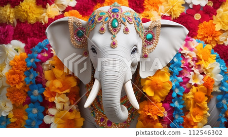 Majestic elephants adorned in colorful blessings grace us.AI Generated 112546302