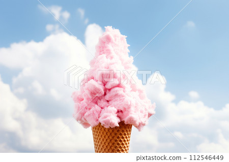AI-generated content. Pink cloudy ice cream on light blue sky background. Summer creative concept. Banner for design. AI generated 112546449