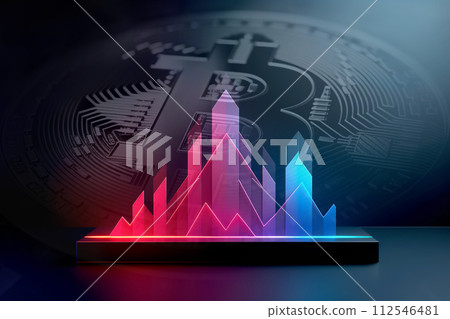 AI-generated content. Cryptocurrency investing concept with purple graph. Bitcoin logo background. Trading news. Cryptocurrency exchange. AI generation 112546481